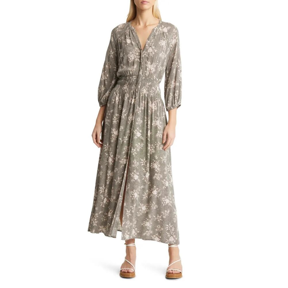 Caslon Floral Print Button Up Smacked Waist Maxi Dress Size XS Gray Cream - Picture 8 of 8